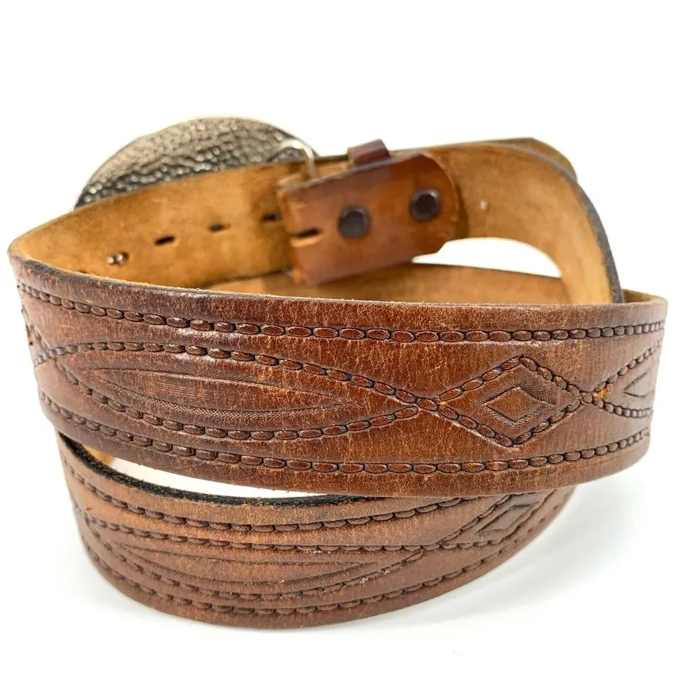 Handcrafted genuine leather southwestern tooled belt w/inlaid stone Eagle Buckle